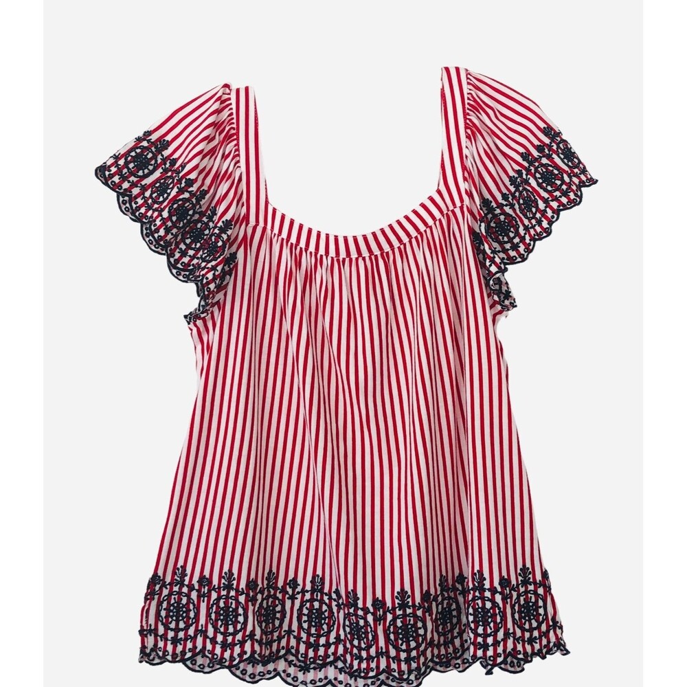 Charter Club Women M Red White Stripe W/Navy Embroidered Scallop Trim Cotton Top